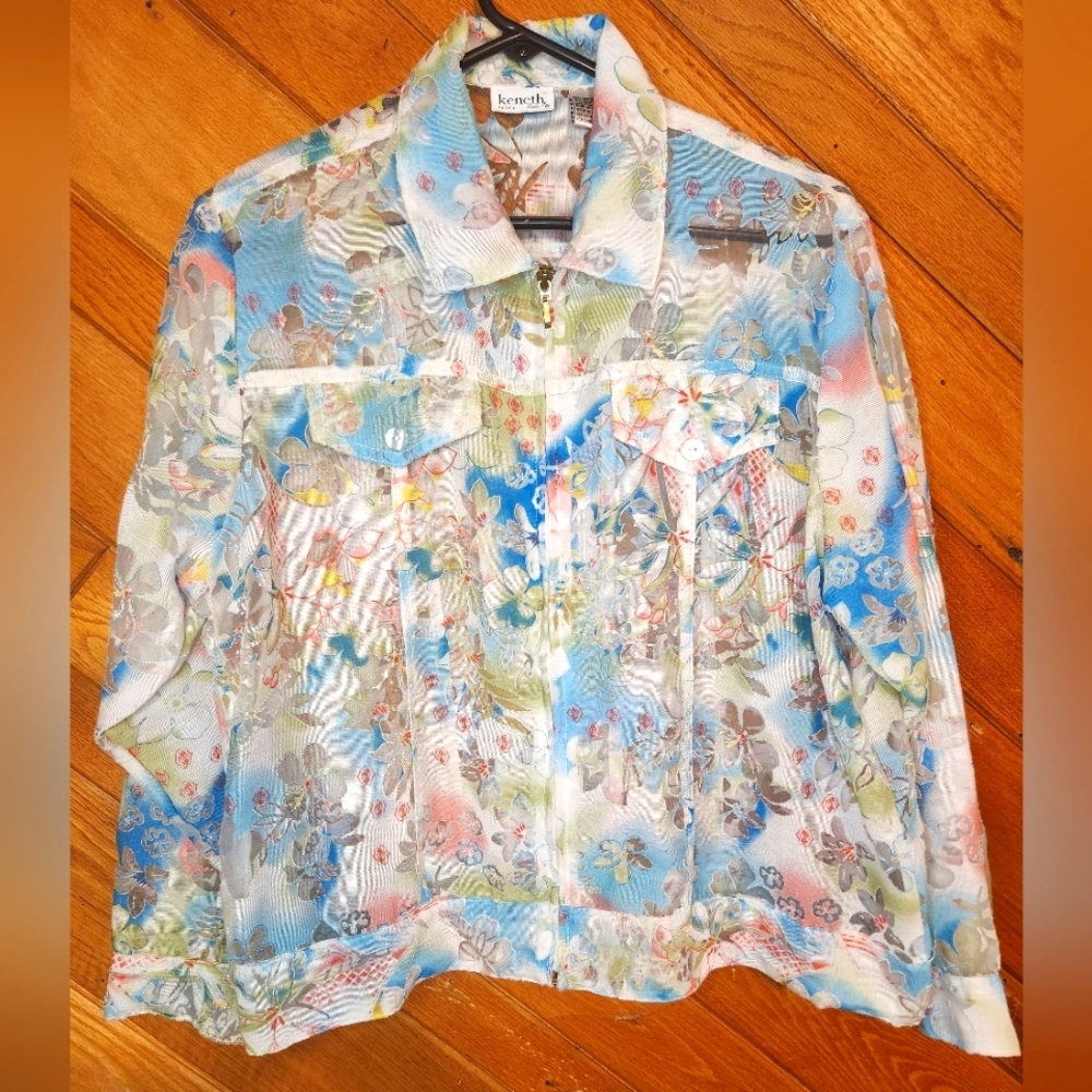 Keneth too! Colorful floral mesh zip up lightweight jacket petite large
